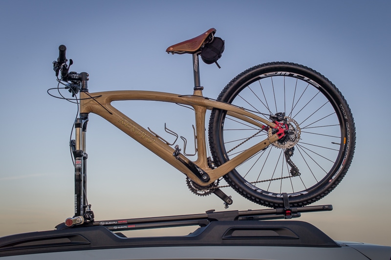 Nature's Carbon Fiber Wood Renovo Badash 29er atop Carolina Timberworks' Subaru on the Blue Ridge Parkway