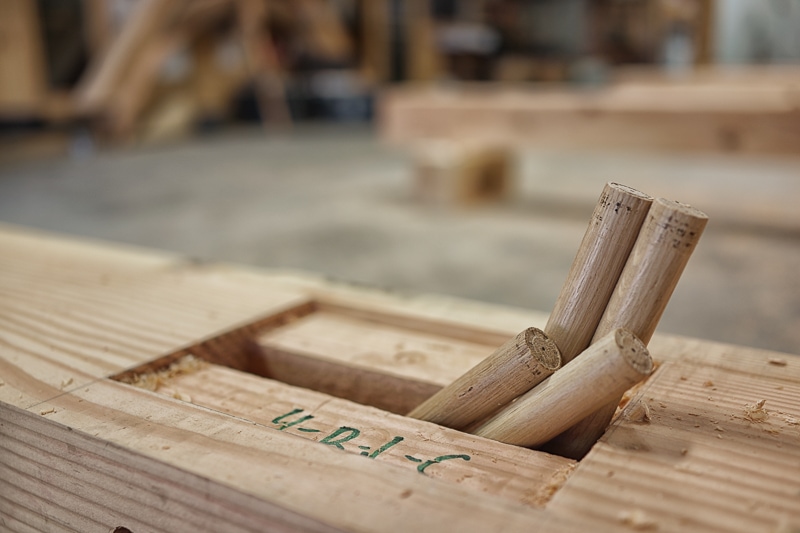 Timber frame budget including oak pegs in a timber frame mortise
