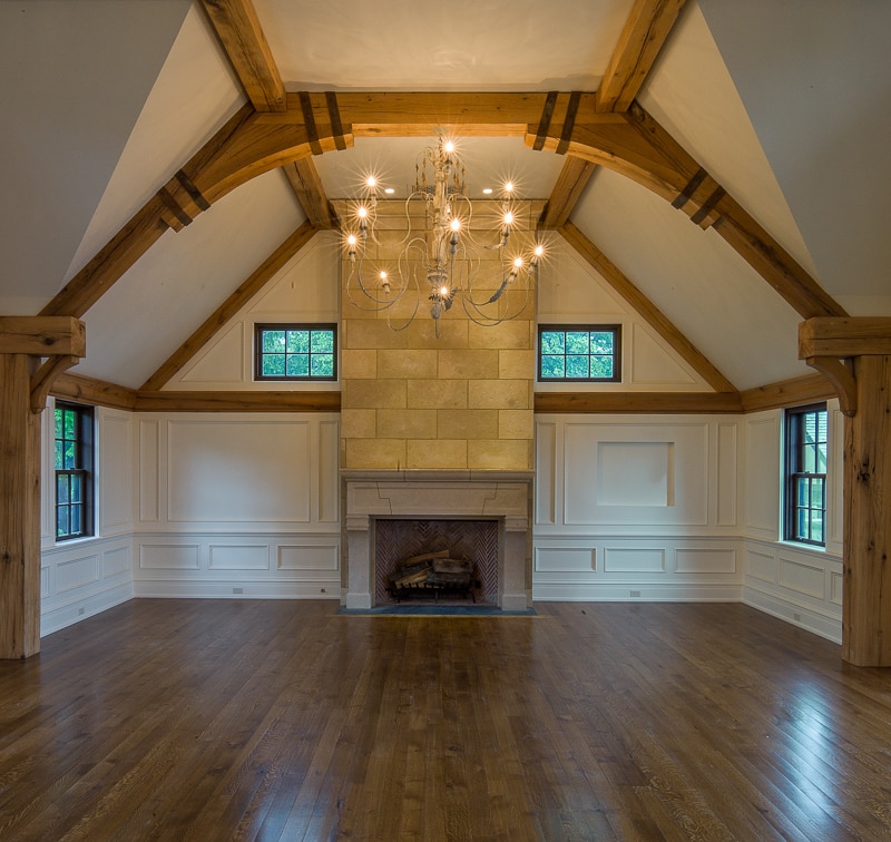 Reclaimed White Oak Wood Timber Frame Trusses with metal straps