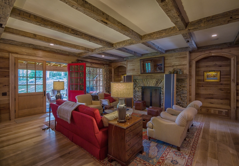 exposed reclaimed wood beams living room ceiling