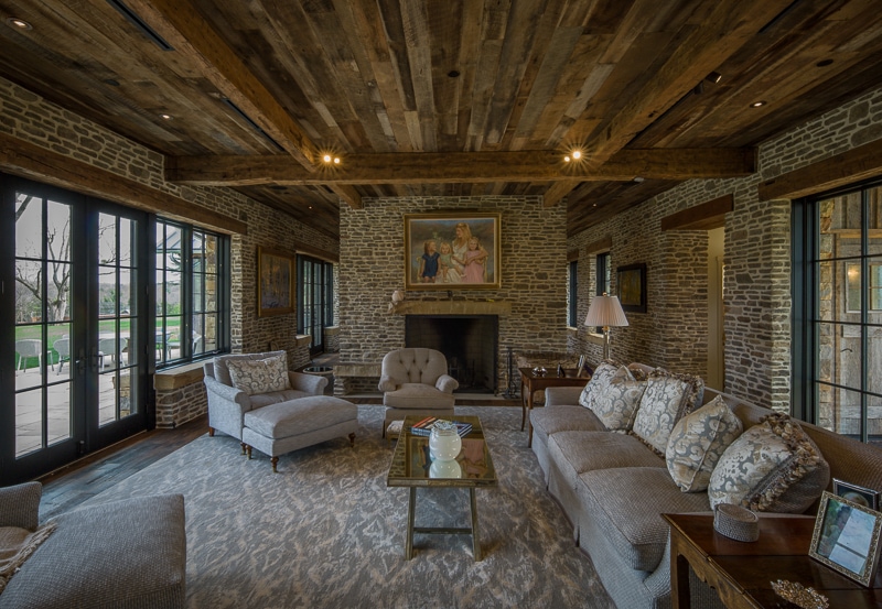 weathered beams and siding in a living room ceiling