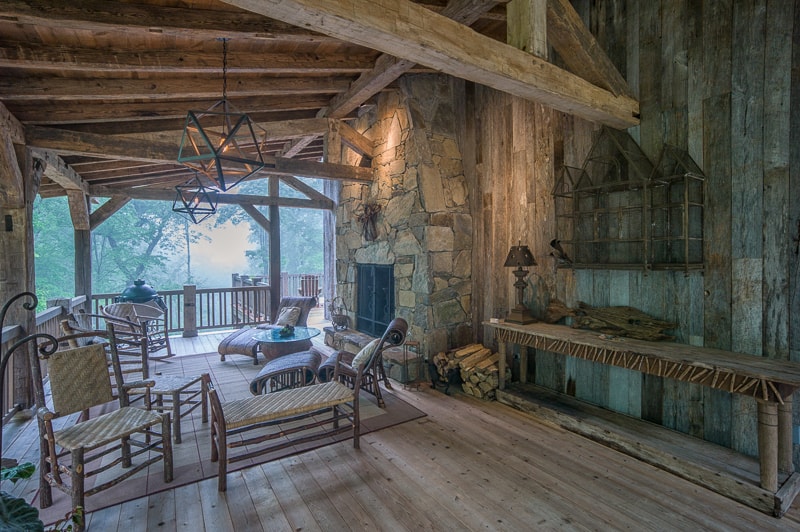 Reclaimed wood timber frame covered porch deck