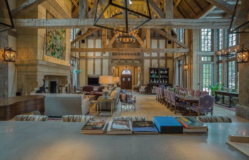 Hand hewn reclaimed timber frame great room greenwich CT