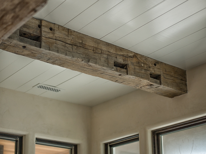 Reclaimed wood beam ceiling nickel gap painted ceiling