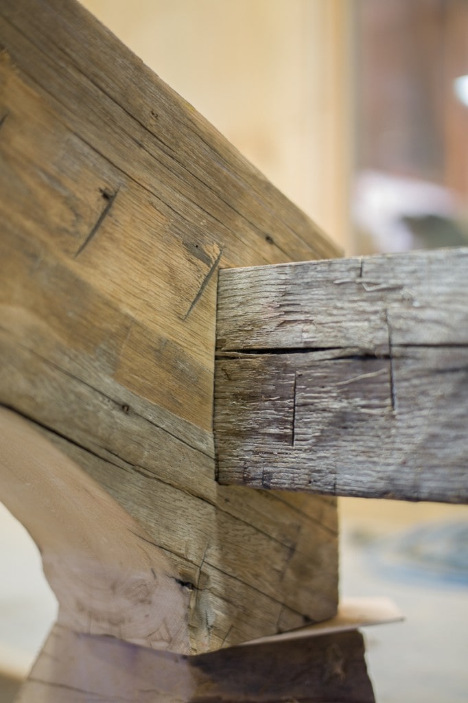 Fully-housed and scribed timber frame joinery reclaimed wood