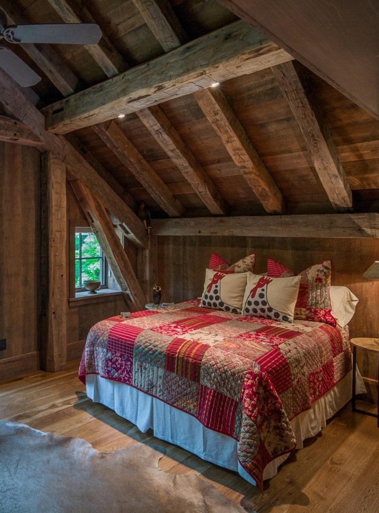Reclaimed wood timber frame guest bedroom highlands nc