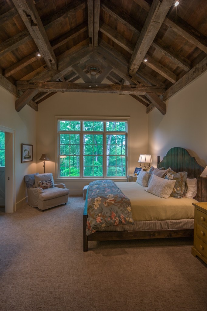 reclaimed wood timber frame master bedroom