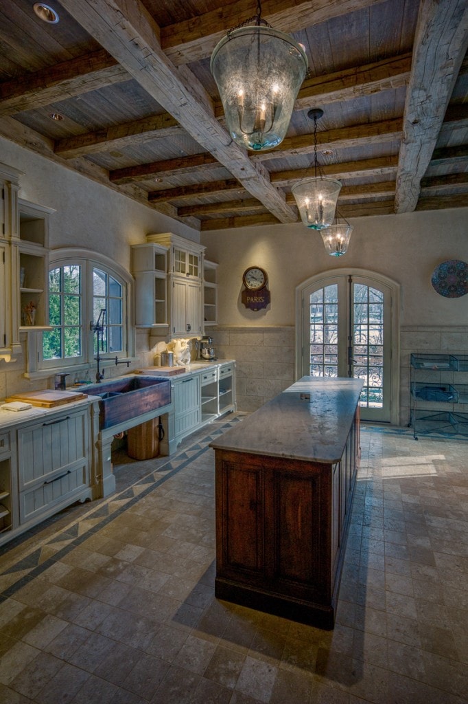 Reclaimed wood beams and reclaimed ceiling boards in a Butler's Pantry greenwich ct