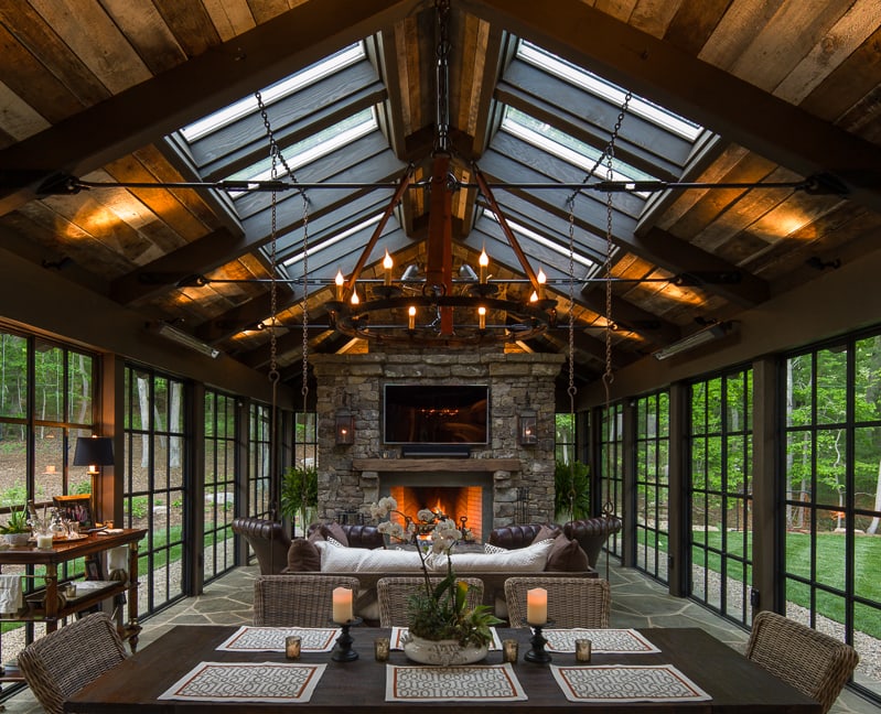 Glass and timber four-season pavilion with reclaimed wood ceiling