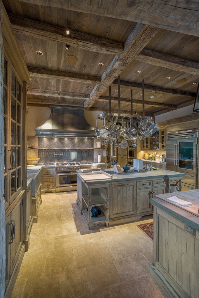 reclaimed wood beams and brown barn board in Greenwich CT kitchen