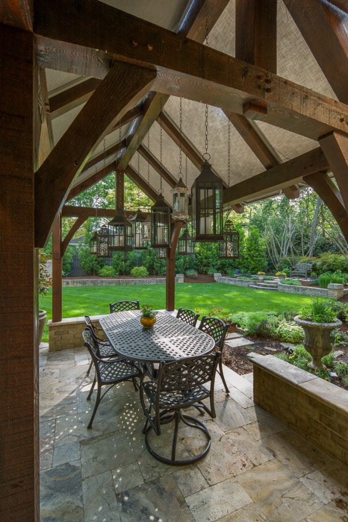 timber frame dining pavilion with canvas sailcloth roof