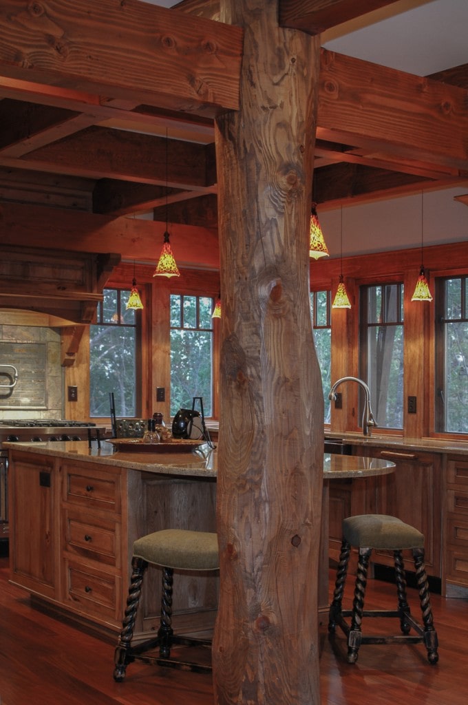 Rustic kitchen with round to square timber frame joinery