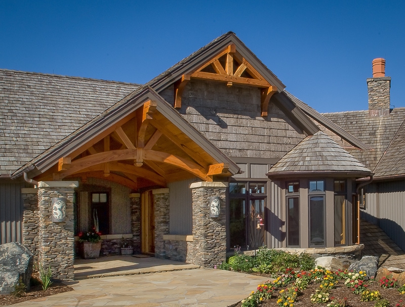 curved timber trusses entryway