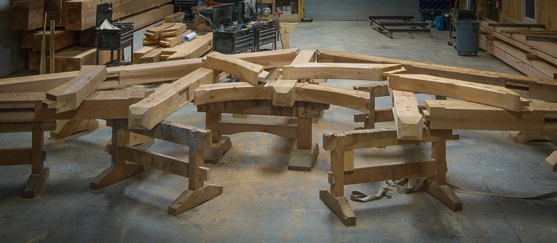 cedar hammer beam truss on sawhorses