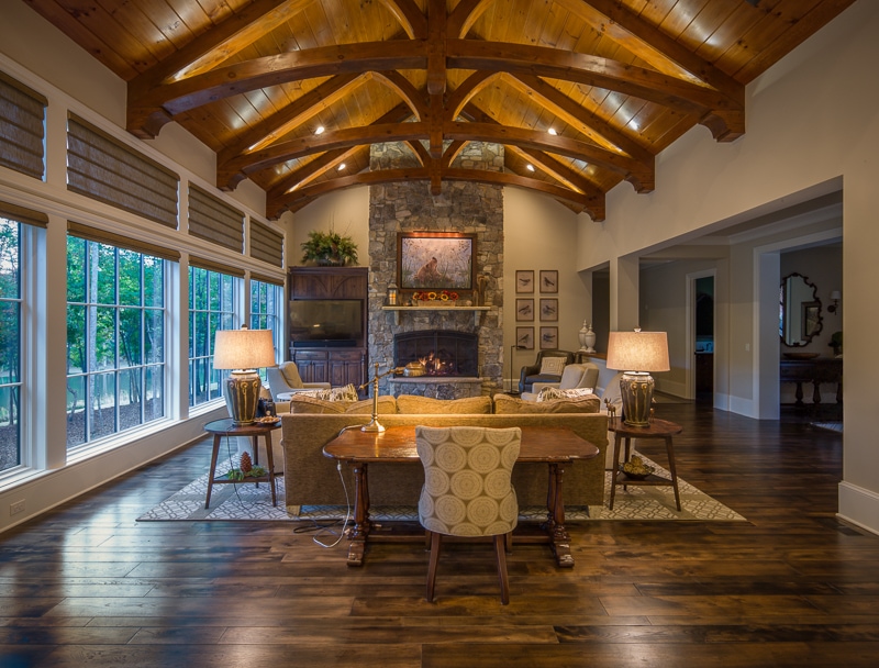 living room exposed trusses