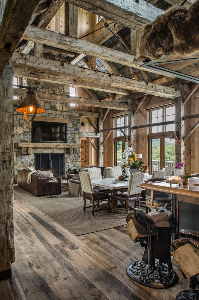 mountain house great room reclaimed beams