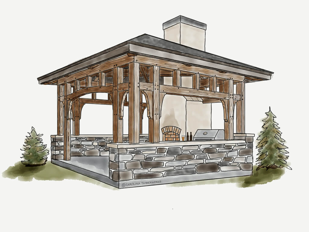Timber frame covered outdoor kitchen