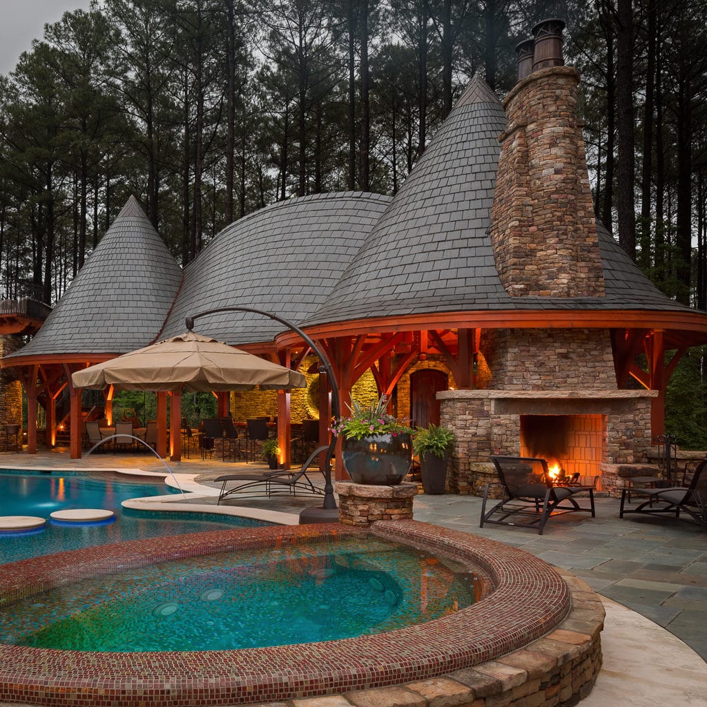timber frame pool pavilion with fireplace