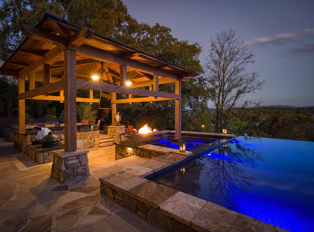 timber frame pool pavilion with outdoor kitchen