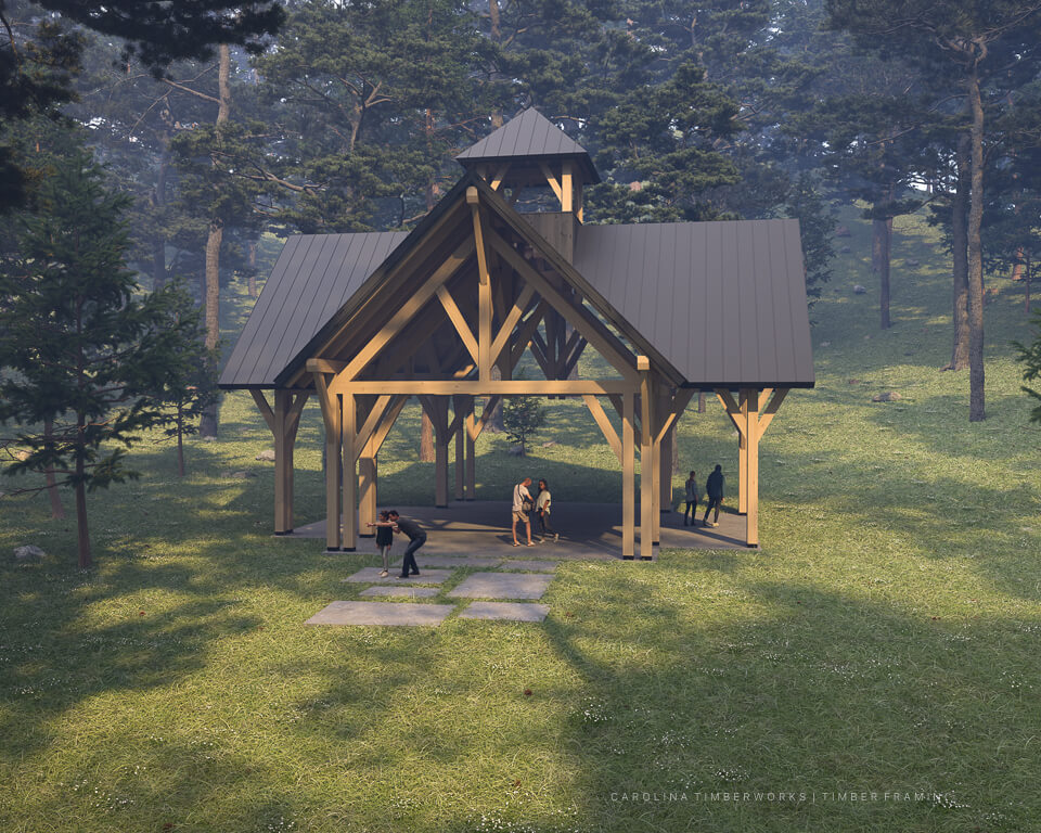 Large timber frame post and beam park pavilion